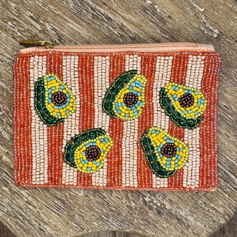 Avocado Striped Beaded Coin Purse Wallet Travel Pouch Womens Accessories NEW!